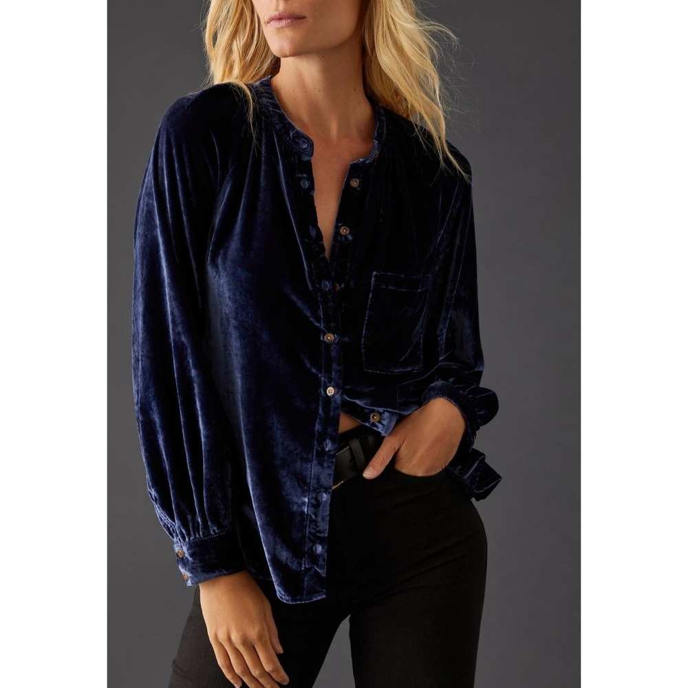 Pilcro Anthropologie Velvet Femme Buttondown Shirt Navy Blue XL Oversized Soft